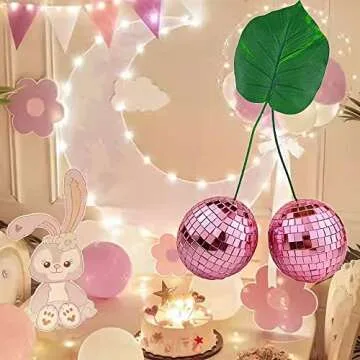 Double Cherry Disco Ball Pink Cherry Decor, Mirror Retro Reflective Disco Balls Lighting Ball for Party Stage Props Bedroom Dining Table Home Art Decorations Adorable Gift (Double Cherry-10cm/3.9in)
