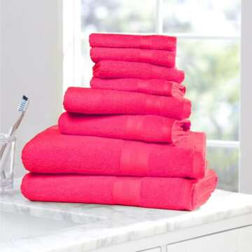 BOUTIQUO 8 Piece Towel Set 100% Ring Spun Cotton, 2 Bath Towels 27X54, 2 Hand Towels 16X28 and 4 Washcloths 13X13 - Ultra Soft Highly Absorbent Machine Washable Hotel Spa Quality - Hot Pink