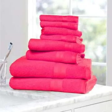 BOUTIQUO 8 Piece Towel Set 100% Ring Spun Cotton, 2 Bath Towels 27X54, 2 Hand Towels 16X28 and 4 Washcloths 13X13 - Ultra Soft Highly Absorbent Machine Washable Hotel Spa Quality - Hot Pink
