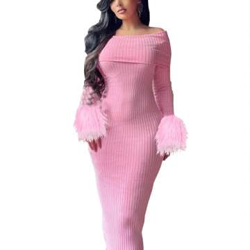 UOYQAS Women's Off Shoulder Bodycon Dress Feather Long Sleeve Elegant Cocktail Evening Party Midi Dresses Pink