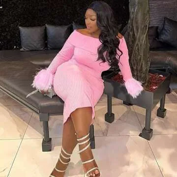 UOYQAS Women's Off Shoulder Bodycon Dress Feather Long Sleeve Elegant Cocktail Evening Party Midi Dresses Pink