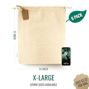 LEAFICO Cotton Storage Bags with Drawstrings X-Large 14x17 Multipurpose 6 Pcs - Canvas Fabric Bread Bags - Bulk Food Produce - Reusable Muslin - Natural Potato Onion Storage Bags - Cloth Shoe Bags
