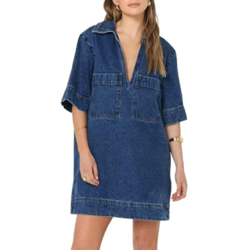 Fisoew Womens Denim Shirt Dress Summer Collared V Neck Mini Casual Jean Dresses with Pockets Blue
