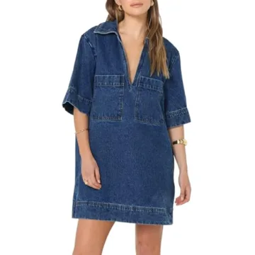 Fisoew Womens Denim Shirt Dress Summer Collared V Neck Mini Casual Jean Dresses with Pockets Blue