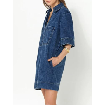 Fisoew Women's Casual Denim Shirt Dress with Pockets