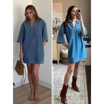 Fisoew Women's Casual Denim Shirt Dress with Pockets