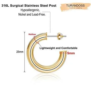 Turandoss Gold Hoop Earrings, 14K Gold Plated Lightweight Chunky Open Hoops for Women, 25mm Diameter, Nickel Free, Hypoallergenic