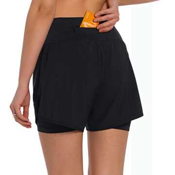 Ksmien Women's 2 in 1 Running Shorts - Lightweight Athletic Workout Gym Yoga Shorts with Phone Pocke...