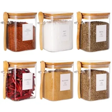 HHMJSM 6 Pcs Square Glass Jar with Bamboo Lid and Spoon - 27 oz Large Sugar Container with 148 Kitch...