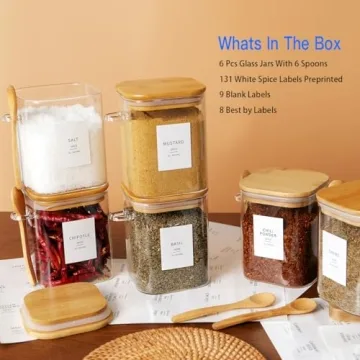 HHMJSM 6 Pcs Square Glass Jars with Bamboo Lids & Labels