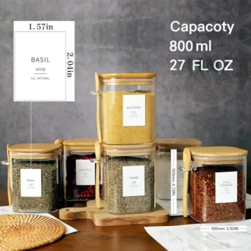 HHMJSM 6 Pcs Square Glass Jars with Bamboo Lids & Labels