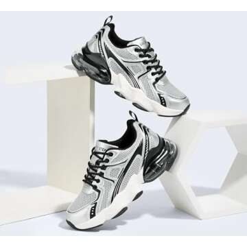 LUCKY STEP Women's Air Cushion Running Shoes Athletic Tennis Sneakers Lightweight Sports Mesh Gym Jogging Workout Walking Shoes(Black/Silver,6 B(M) US)