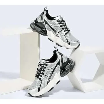 LUCKY STEP Women's Air Cushion Running Shoes Athletic Tennis Sneakers Lightweight Sports Mesh Gym Jogging Workout Walking Shoes(Black/Silver,6 B(M) US)