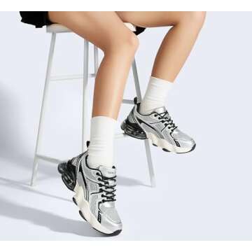LUCKY STEP Women's Air Cushion Running Shoes Athletic Tennis Sneakers Lightweight Sports Mesh Gym Jogging Workout Walking Shoes(Black/Silver,6 B(M) US)