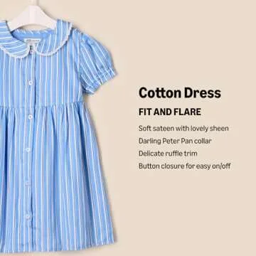 Amazon Essentials x Sofia Grainge Baby Girls' Cotton Sateen Dress with Collar, Blue White Stripe, 6-9 Months