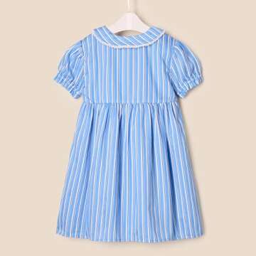 Amazon Essentials x Sofia Grainge Baby Girls' Cotton Sateen Dress with Collar, Blue White Stripe, 6-9 Months