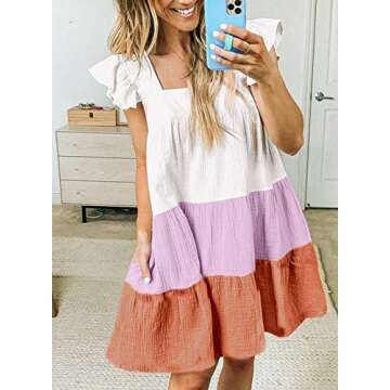 BLENCOT Summer Dresses for Womens Teens Ladies Color Block Ruffled Skirts Keen Length Modest Multicolor Push Up X-Large