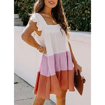 BLENCOT Summer Dresses for Womens Teens Ladies Color Block Ruffled Skirts Keen Length Modest Multicolor Push Up X-Large