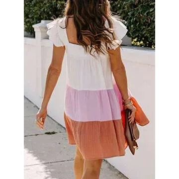 BLENCOT Summer Dresses for Womens Teens Ladies Color Block Ruffled Skirts Keen Length Modest Multicolor Push Up X-Large