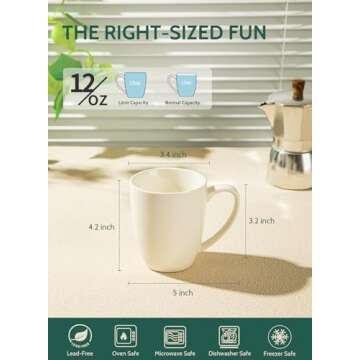 Sweese Porcelain Mugs - 12 Ounce for Coffee, Tea, Mocha and Mulled Drinks - Set of 6, White