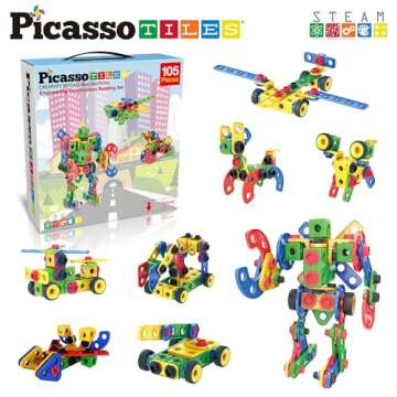 Picasso Toys STEM Learning Toys 105 Piece Building Block Set Kids Construction Engineering Kit Toy Blocks Children Early Education Playset w/IdeaBook, Power Drill, Clickable Ratchet, Age 3+ PTN105