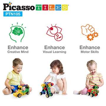 Picasso Toys STEM Learning Toys 105 Piece Building Block Set Kids Construction Engineering Kit Toy Blocks Children Early Education Playset w/IdeaBook, Power Drill, Clickable Ratchet, Age 3+ PTN105
