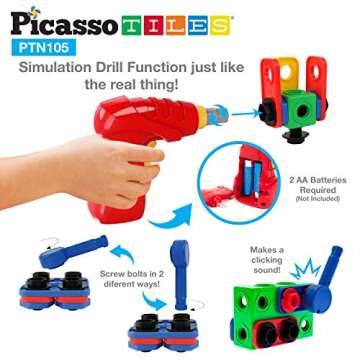 Picasso Toys STEM Learning Toys 105 Piece Building Block Set Kids Construction Engineering Kit Toy Blocks Children Early Education Playset w/IdeaBook, Power Drill, Clickable Ratchet, Age 3+ PTN105