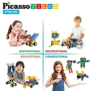 Picasso Toys STEM Learning Toys 105 Piece Building Block Set Kids Construction Engineering Kit Toy Blocks Children Early Education Playset w/IdeaBook, Power Drill, Clickable Ratchet, Age 3+ PTN105