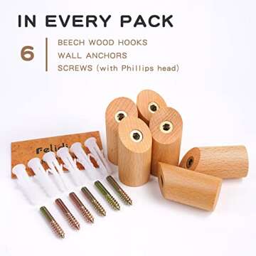Felidio Wood Wall Hook, 6 Pack Natural Wooden Coat Hooks Wall Mounted, Rustic Heavy Duty Hooks for Hanging Towels Coats Plants | Entryway Hat Hanger Wall Coat Rack (Beech Wood)