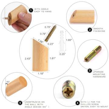 Felidio Wood Wall Hook, 6 Pack Natural Wooden Coat Hooks Wall Mounted, Rustic Heavy Duty Hooks for Hanging Towels Coats Plants | Entryway Hat Hanger Wall Coat Rack (Beech Wood)