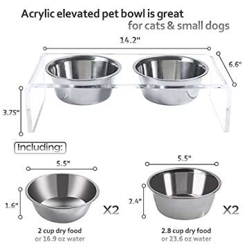 Acrylic Elevated Dog Cat Bowls Pet Feeder Double Bowl Raised Stand Comes with 4 Removable Stainless Steel Bowls. Perfect for Cats Puppies Small Dogs, 3.75 Inch