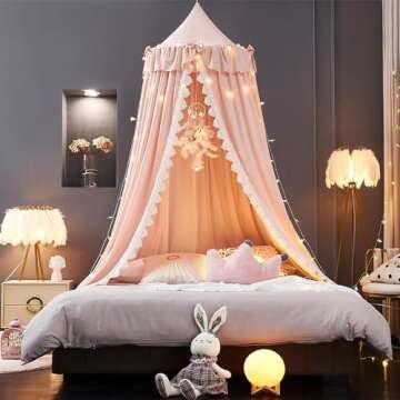 Kertnic Bed Canopy for Girls, Ruffled Soft Pink Princess Canopy Dreamy Bow Decor, Bed Canopies for K...