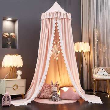 Kertnic Bed Canopy for Girls, Ruffled Soft Pink Princess Canopy Dreamy Bow Decor, Bed Canopies for Kids Room, Hanging Canopy Bedding Drapes Toddler Reading Nook Play Tent (Light Pink)