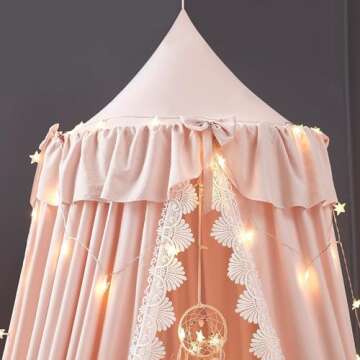 Kertnic Bed Canopy for Girls, Ruffled Soft Pink Princess Canopy Dreamy Bow Decor, Bed Canopies for Kids Room, Hanging Canopy Bedding Drapes Toddler Reading Nook Play Tent (Light Pink)