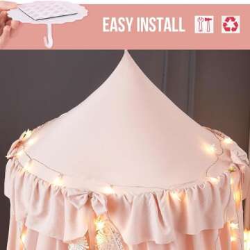 Kertnic Bed Canopy for Girls, Ruffled Soft Pink Princess Canopy Dreamy Bow Decor, Bed Canopies for Kids Room, Hanging Canopy Bedding Drapes Toddler Reading Nook Play Tent (Light Pink)