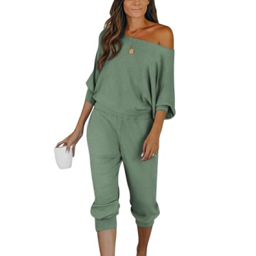 PRETTYGARDEN Women's 2 Piece Ribbed Tracksuit Outfits Off Shoulder Long Sleeve Pullover Lounge Pants...