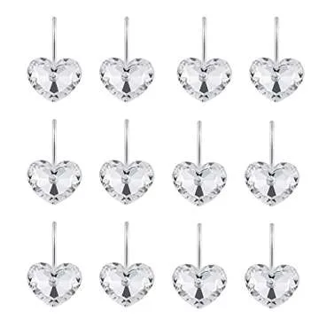 Actpe Decorative Crystal Heart Shower Curtain Hooks - 12 Pack, Rust Resistant, Stylish Design