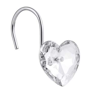 Actpe Decorative Crystal Heart Shape Shower Curtain Hooks Rust Resistant Hooks Glide Shower Ring Hangs Holder Bling for Bathroom, Pack of 12