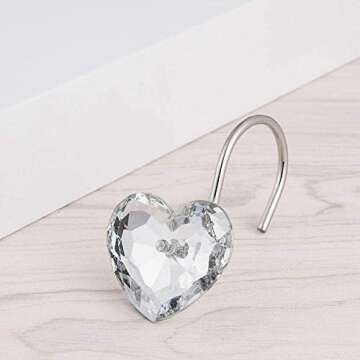 Actpe Decorative Crystal Heart Shape Shower Curtain Hooks Rust Resistant Hooks Glide Shower Ring Hangs Holder Bling for Bathroom, Pack of 12
