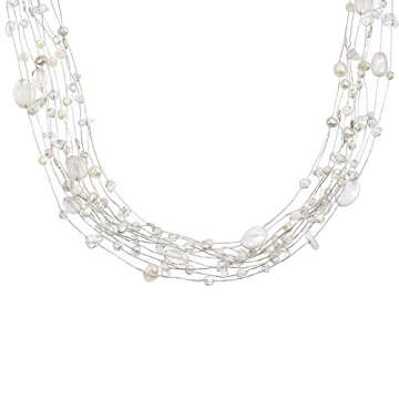 AeraVida Iridescent Layers of Pearls, Seashell, and Mixed Stones on Silk Rope Multi-Strand Boho Chic Long Necklace