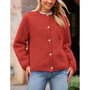 PRETTYGARDEN Women's Faux Fur Shearling Coat Fuzzy Fleece Button Up Trendy Fall Winter Cropped Jackets Outerwear (Red,Large)