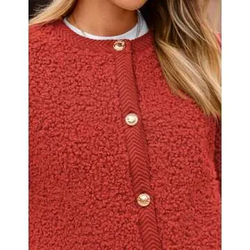 PRETTYGARDEN Women's Faux Fur Shearling Coat Fuzzy Fleece Button Up Trendy Fall Winter Cropped Jackets Outerwear (Red,Large)