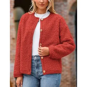 PRETTYGARDEN Women's Faux Fur Shearling Coat Fuzzy Fleece Button Up Trendy Fall Winter Cropped Jackets Outerwear (Red,Large)
