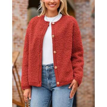 PRETTYGARDEN Women's Faux Fur Shearling Coat Fuzzy Fleece Button Up Trendy Fall Winter Cropped Jackets Outerwear (Red,Large)