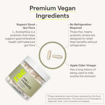 Rae Wellness Pre + Probiotic - Balance Gut Health + Support The Microbiome with Six Vegan Probiotic Strains Including Acidophilus Probiotic + Apple Cider Vinegar - 60 Capsules (30 Day Supply)