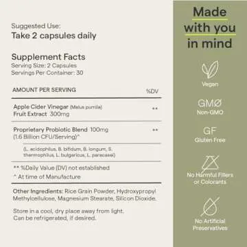 Rae Wellness Pre + Probiotic - Balance Gut Health + Support The Microbiome with Six Vegan Probiotic Strains Including Acidophilus Probiotic + Apple Cider Vinegar - 60 Capsules (30 Day Supply)