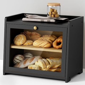 Goozii Black Bread Box for Kitchen Countertop - Large Storage Container for Bread