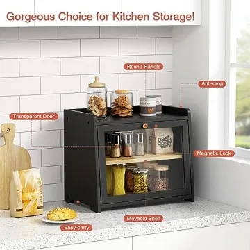 Goozii Black Bread Box for Fresh Homemade Bread and Storage