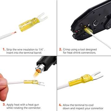 HKS 60PCS Fork Connector #10 Yellow 12-10 Gauge - Heat Shrink Spade Fork Wire Connectors Kit - Tinned Red Copper - Automotive Marine Crimp Connectors - Waterproof and Insulated Terminals