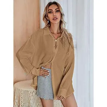 MakeMeChic Women's Oversized Button Down Shirts Collared Button Up Shirt Blouse Top Khaki M